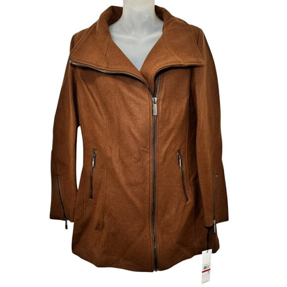 New Calvin Klein Women's Asymmetrical Wool Jacket Brown Size XS Extra Small - Picture 2 of 11